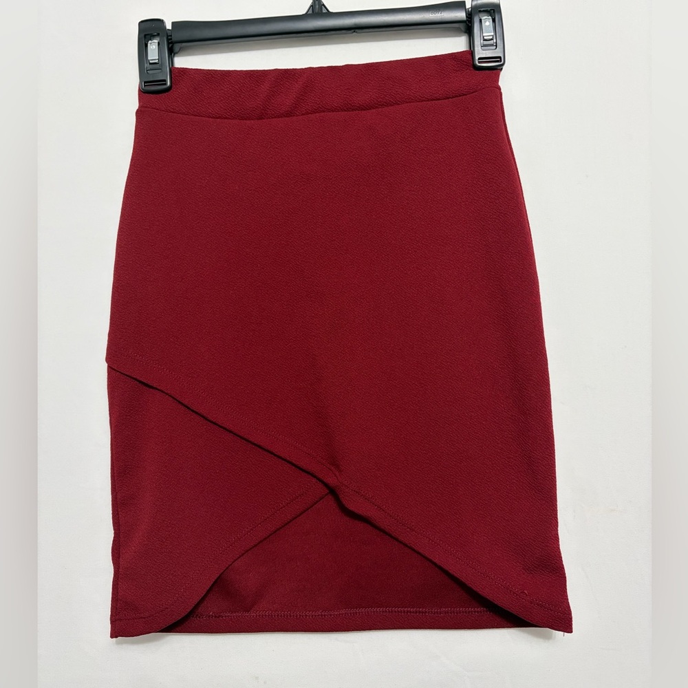 B Collection Burgundy Wrap Mini Skirt V Front | Size S (A341)